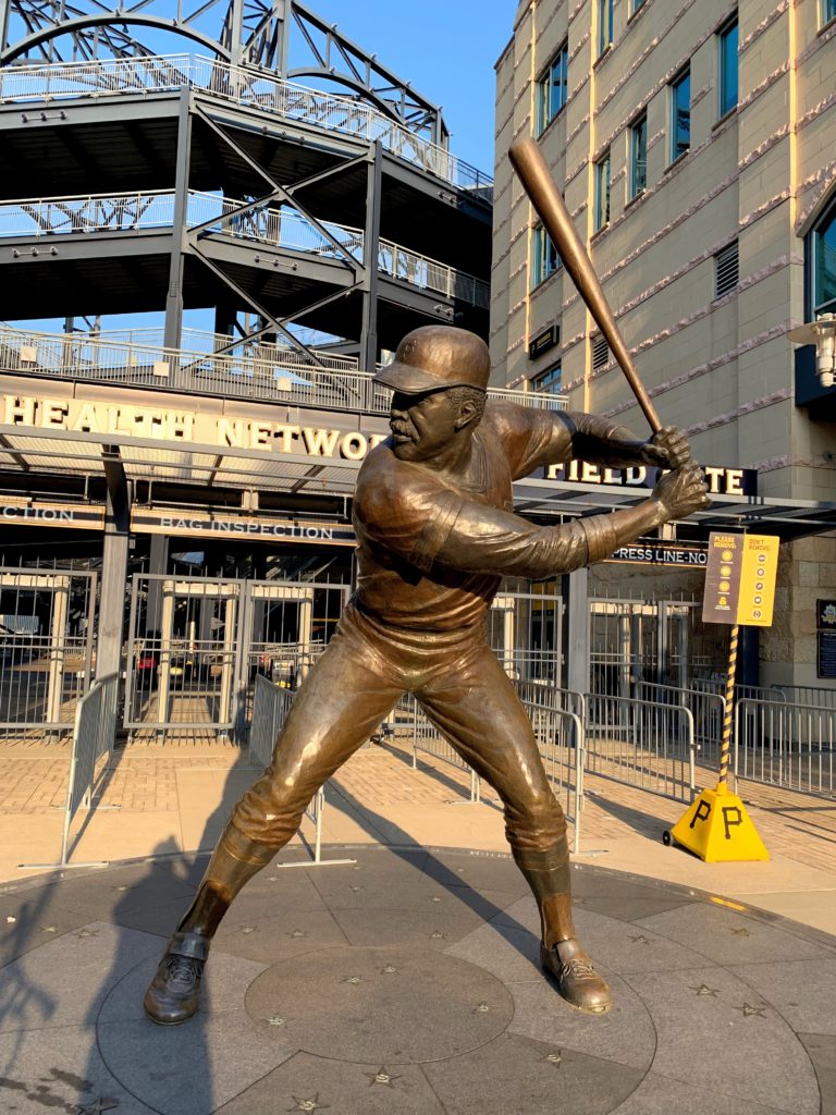 Roberto clemente statue in front of PNC Park near Fairmount hotel